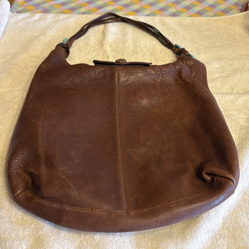 Brown and Blue Hobo Bag with Circular Embellishment - Picture 2 of 5